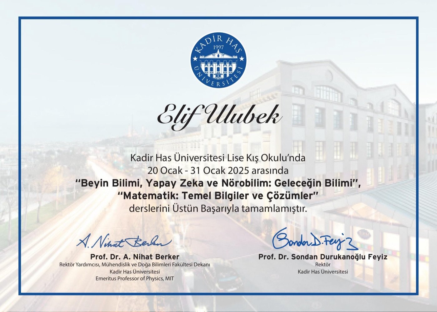 Kadir Has University certificate