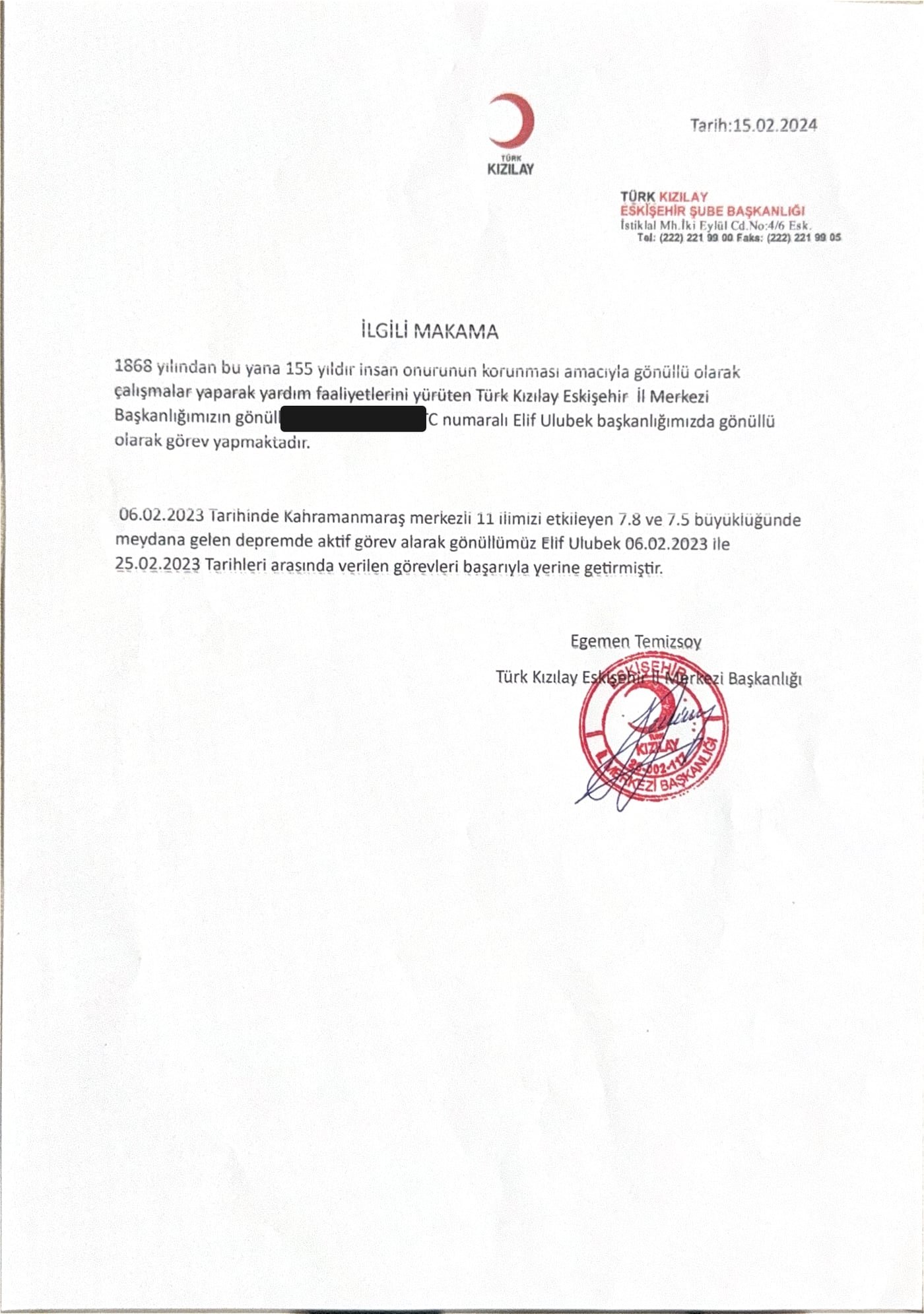 Turkish Red Crescent earthquake duty letter