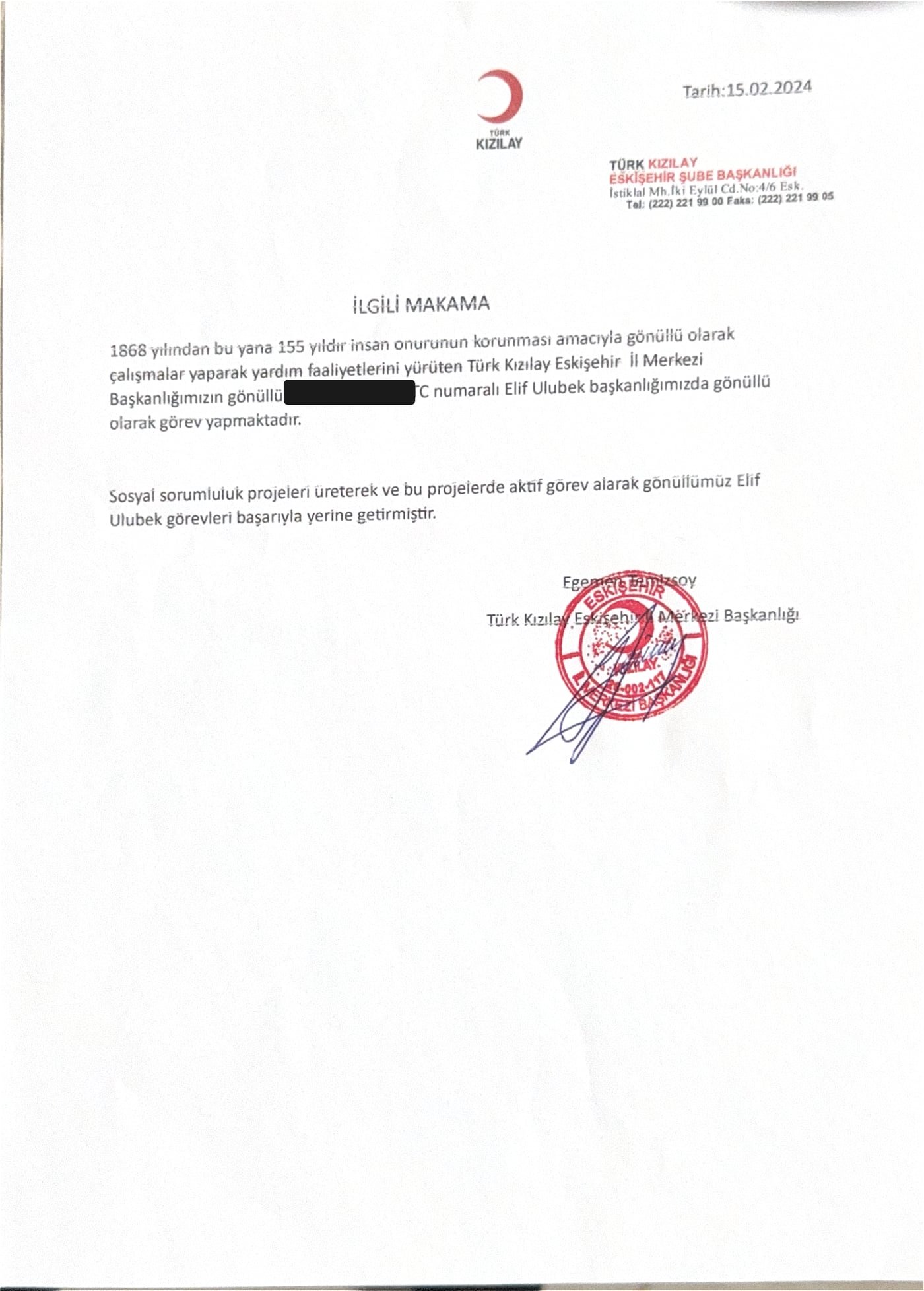 Turkish Red Crescent social responsibility letter