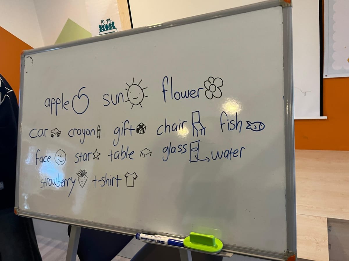 Whiteboard with English words at a Words Beyond Boundaries workshop
